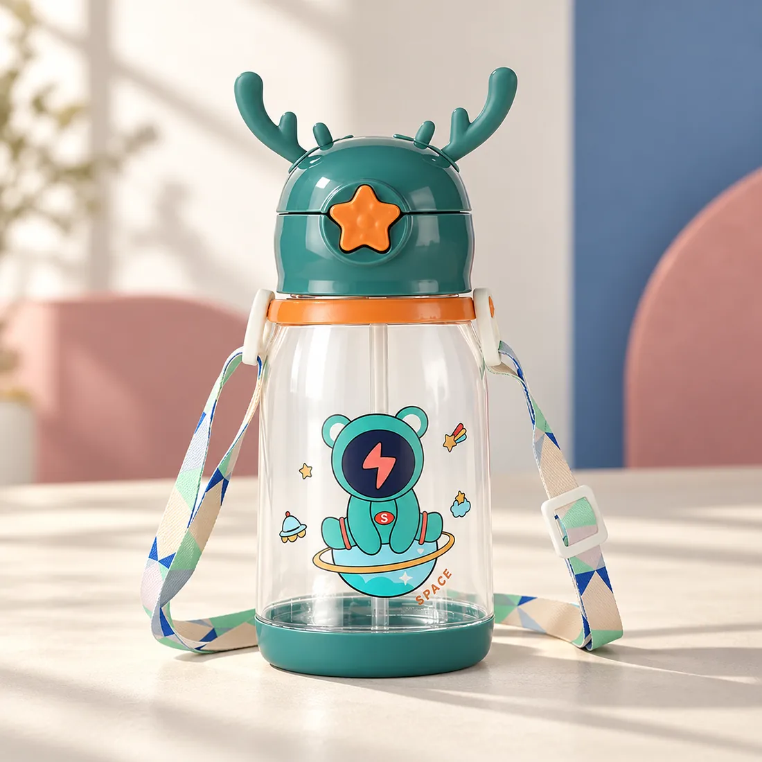 The teal bottle with a bear astronaut on a ringed planet