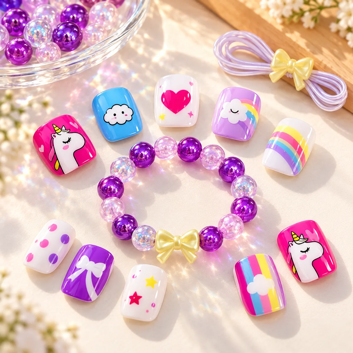 Twelve press-on nails in unicorn, rainbow, cloud and heart designs arranged around a finished purple and pearl beaded bracelet with a yellow bow