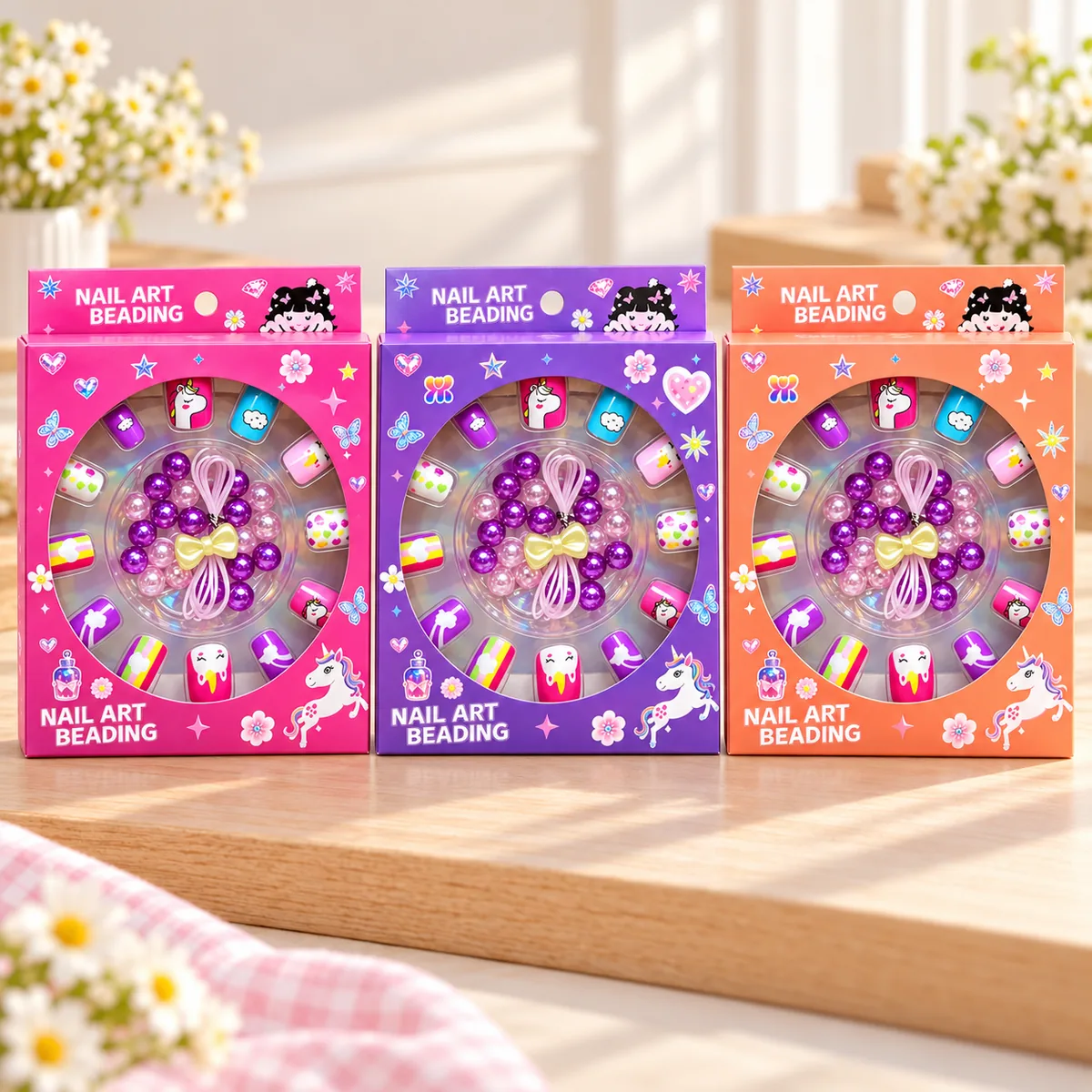 The three box colours side by side - pink, purple and coral
