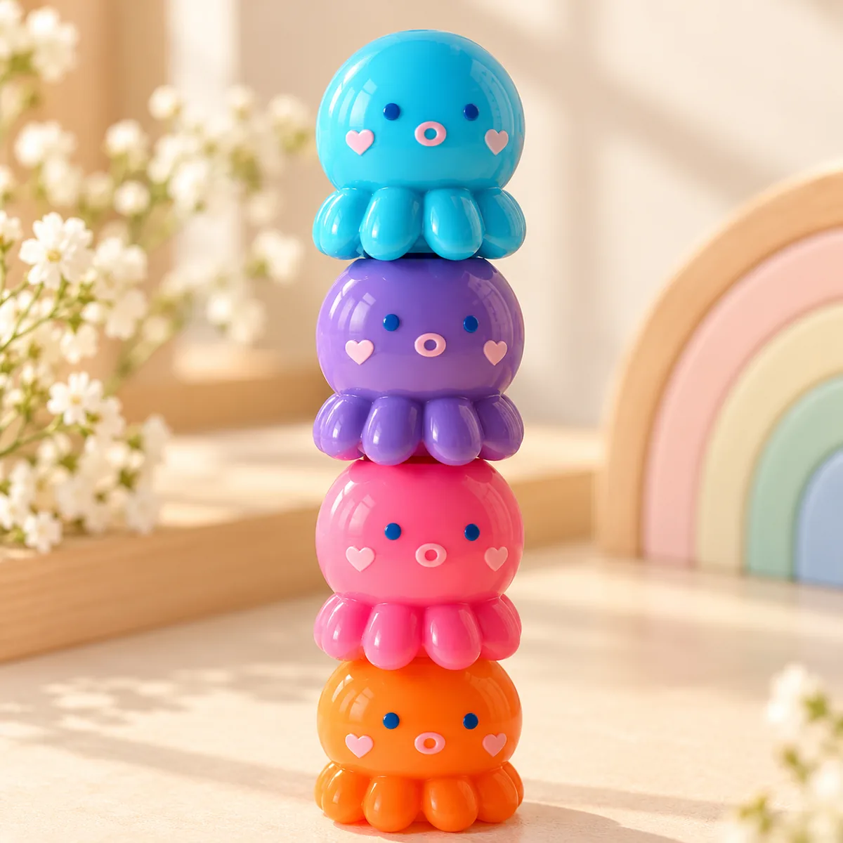 Four octopus highlighters stacked into a tower — blue, purple, pink and orange bodies with heart cheeks and little tentacles