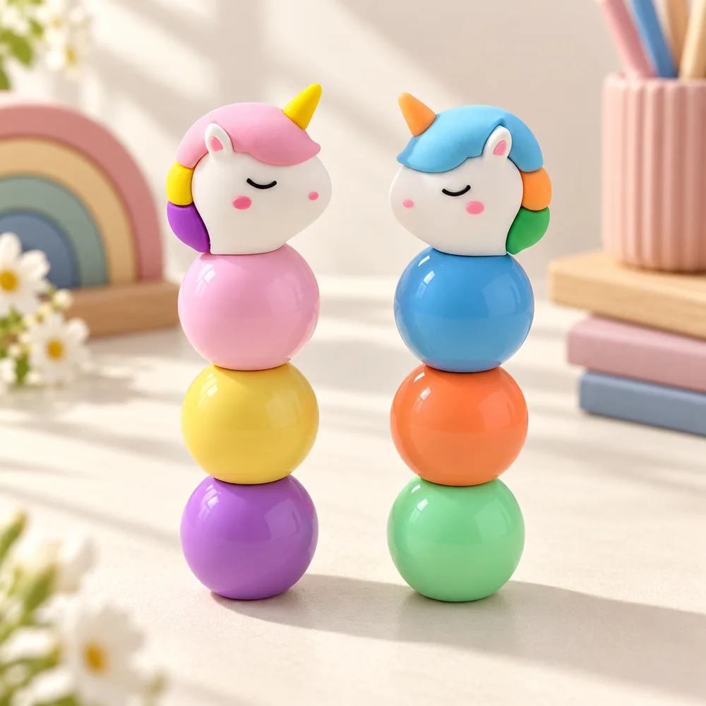 The other unicorn design — two stacks of round pastel balls, each topped with a moulded unicorn head with a gold or orange horn