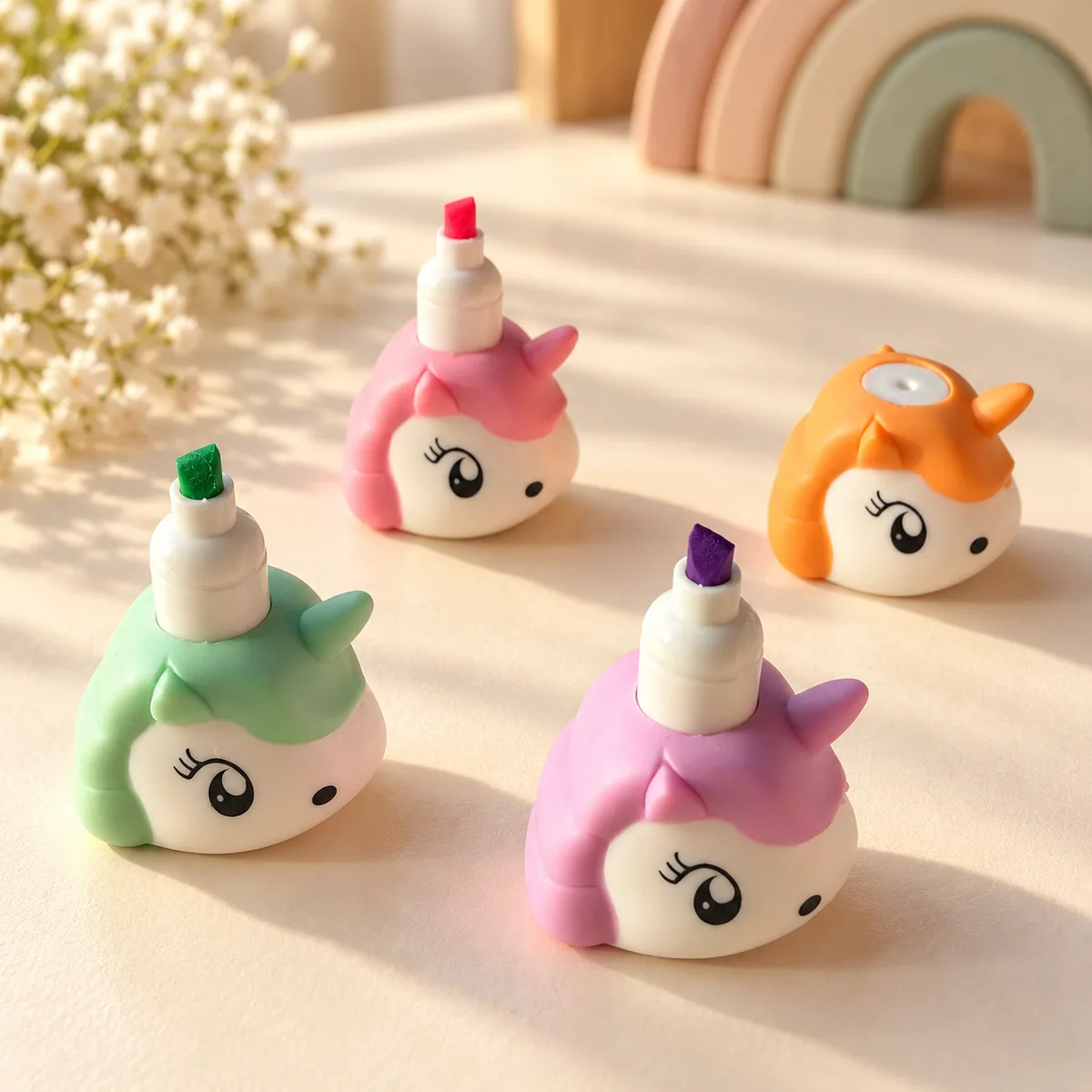 Three unicorn highlighters with their heads pulled off showing green, pink and purple chisel nibs, the orange one still capped