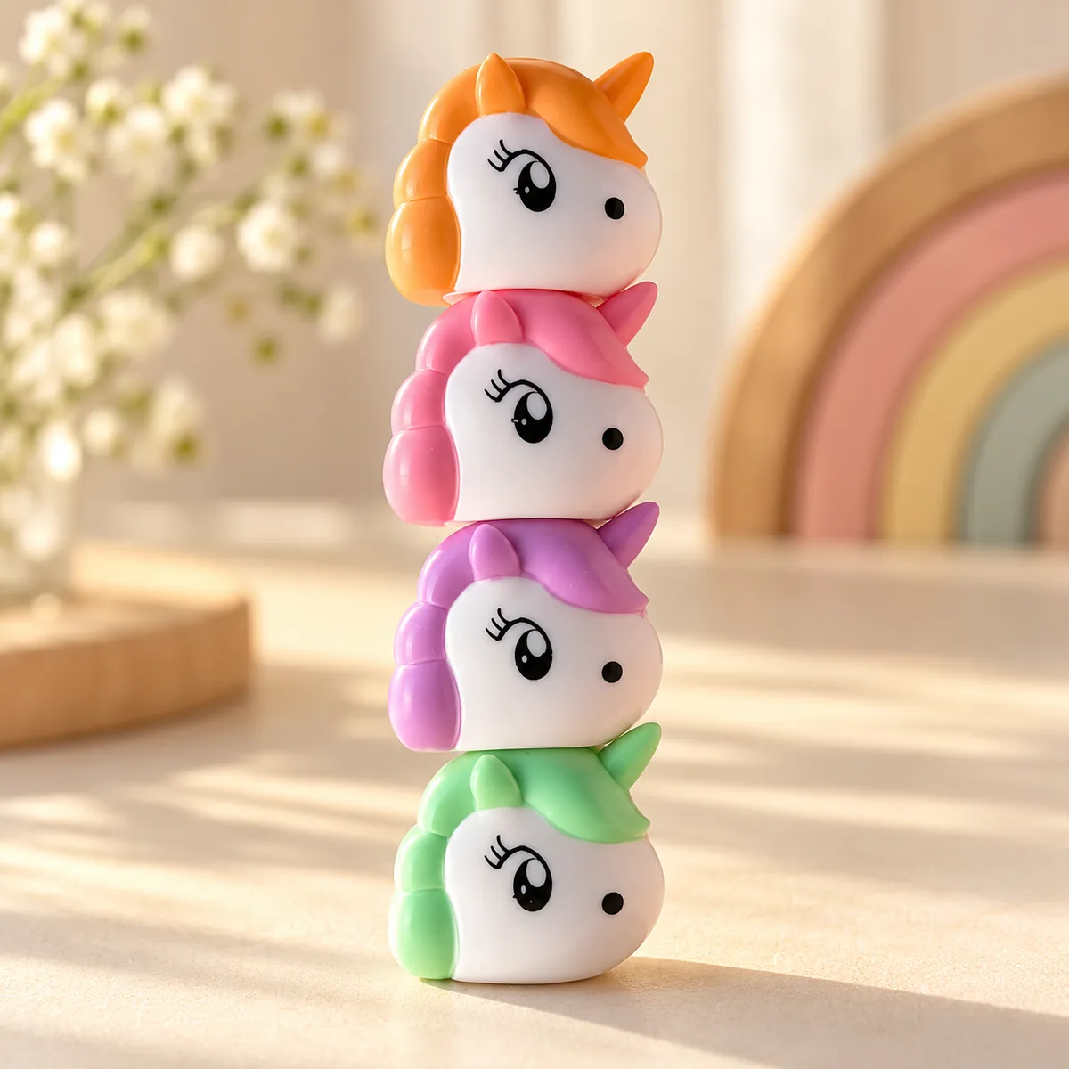 Four unicorn highlighters stacked into a tower — orange, pink, lilac and mint manes on white moulded heads with long lashes