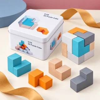 An assembled wooden cube with its loose pieces beside it