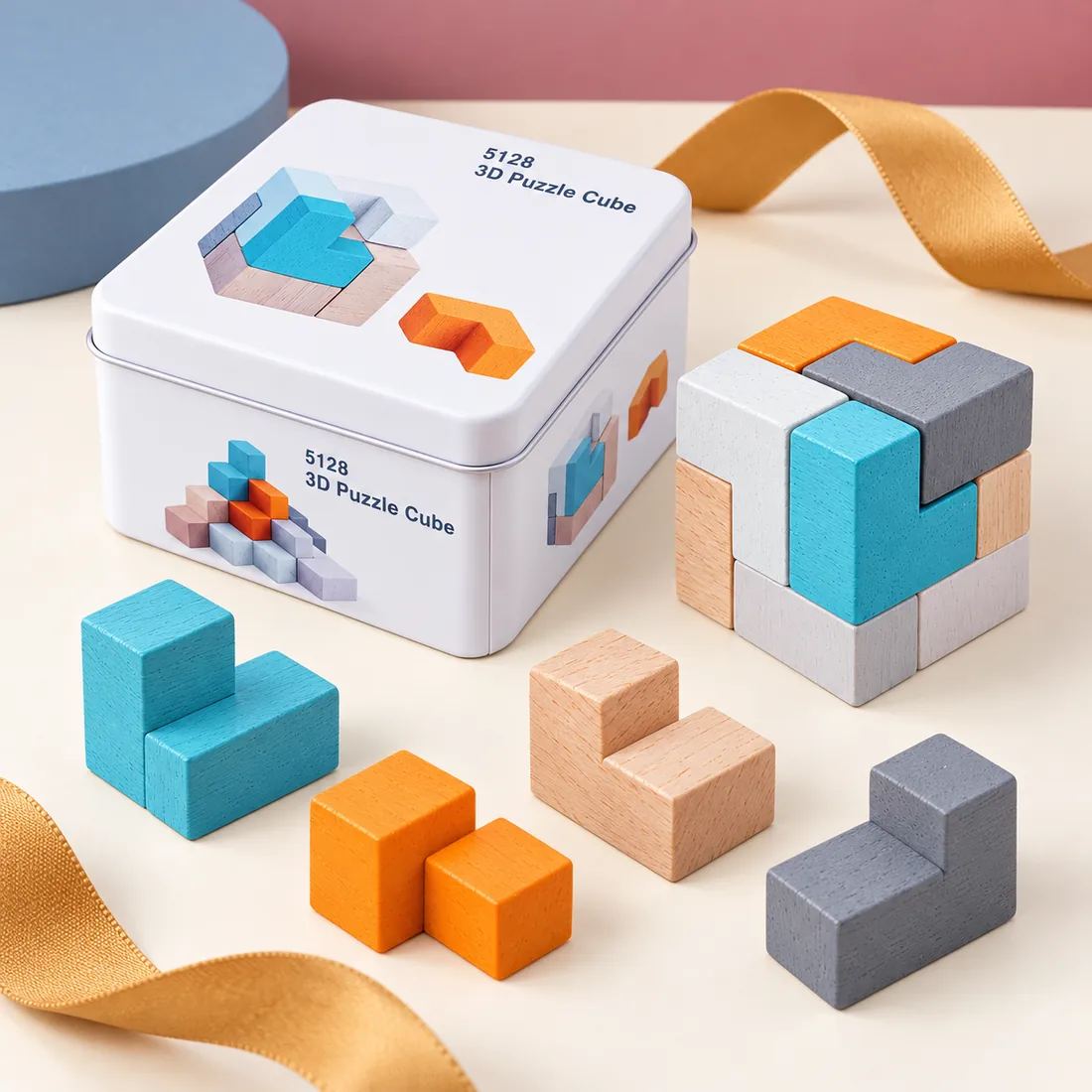The 3D Puzzle Cube tin with the assembled cube and its loose pieces beside it