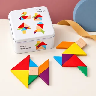 Coloured tangram shapes arranged into a bird and a figure