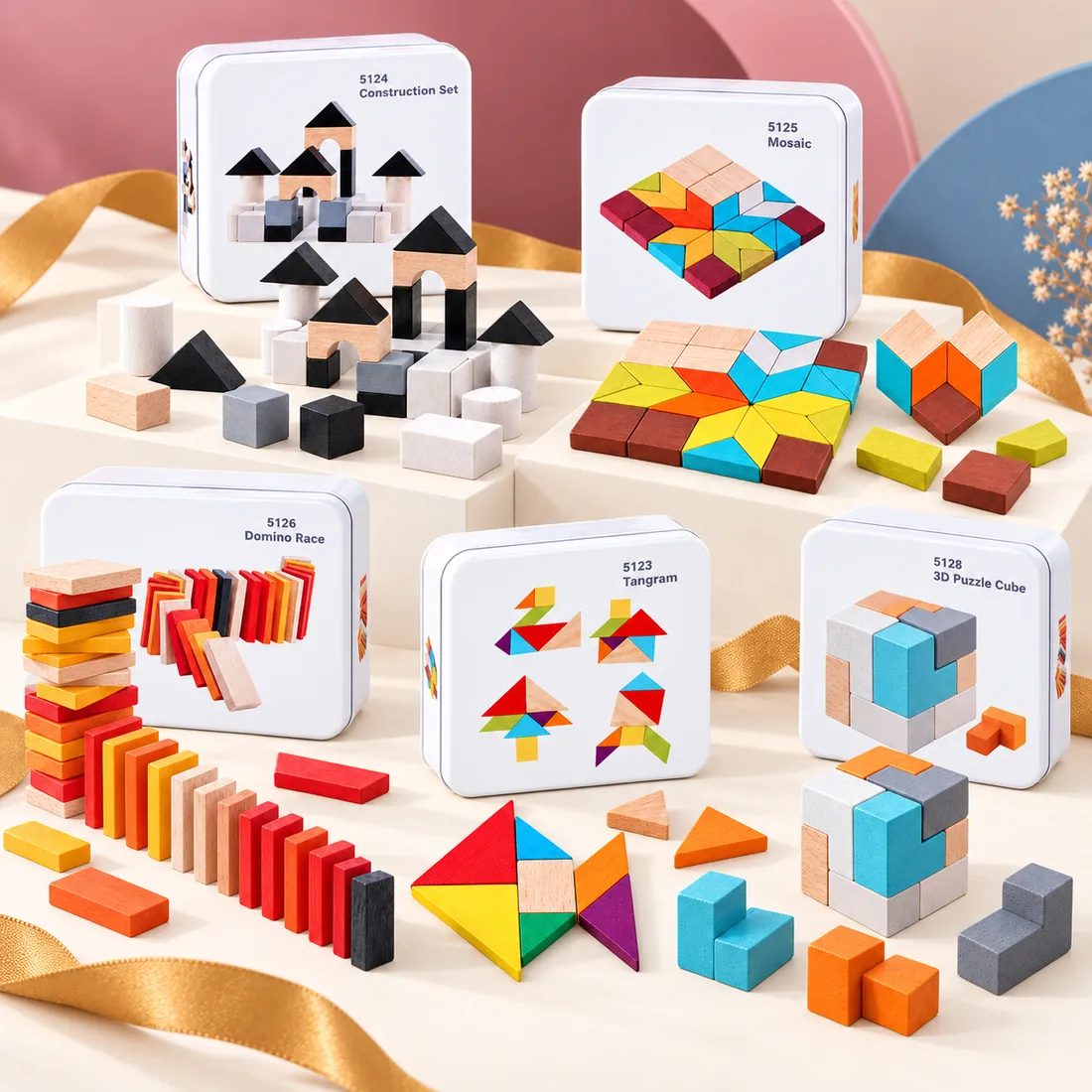 Five Travel Tin Playsets stood together with their wooden pieces laid out in front