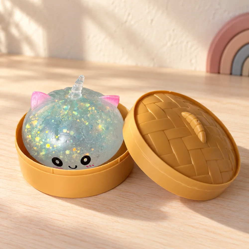 One bun squishy in its open steamer basket with the woven lid beside it