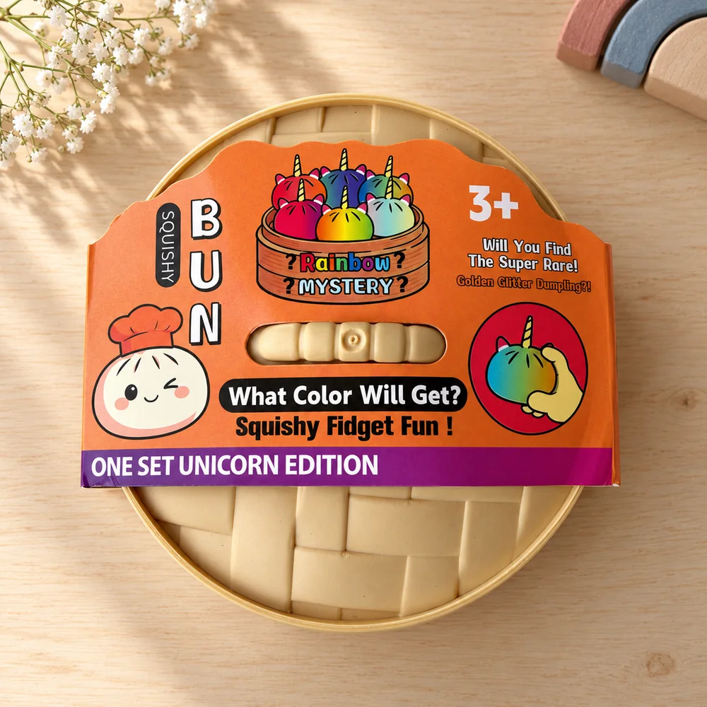 The sealed basket with its mystery sleeve, marked 3+ and promising a rare golden glitter bun