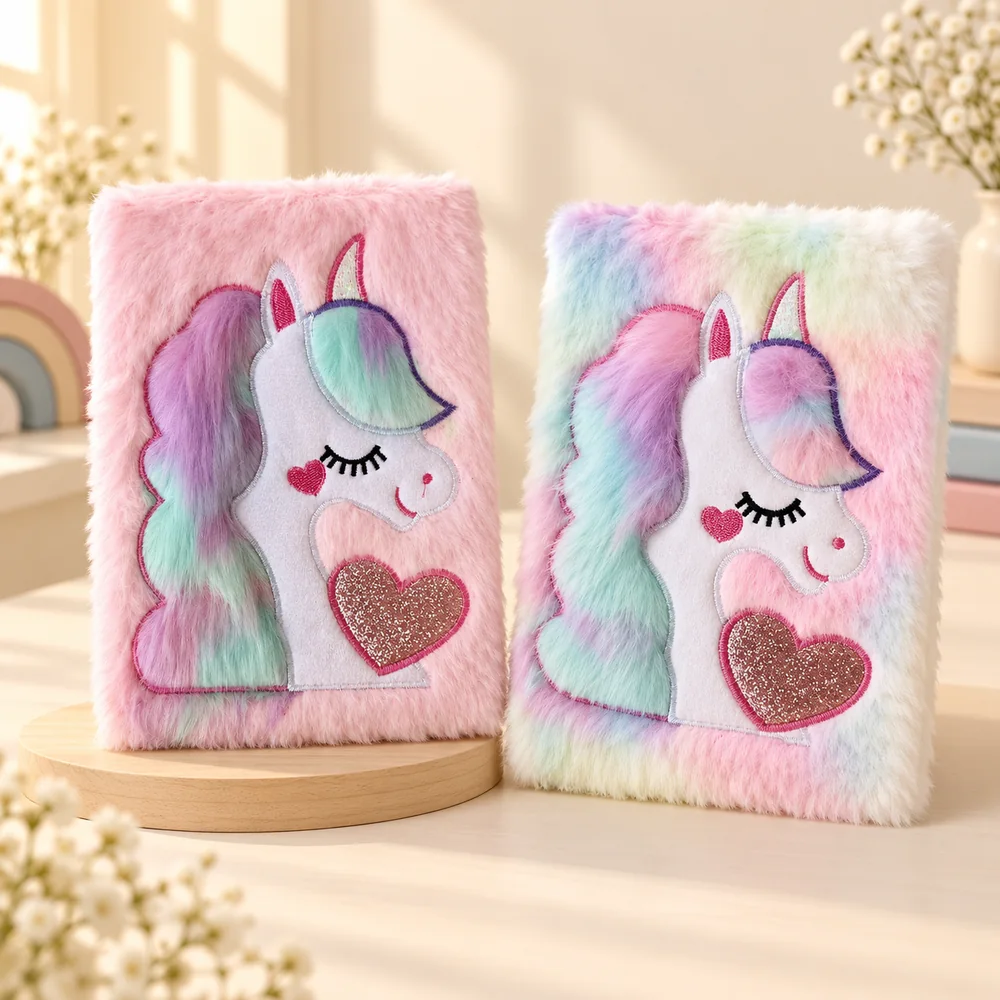Both covers side by side — one solid pink, one pastel rainbow, with the same unicorn appliqué