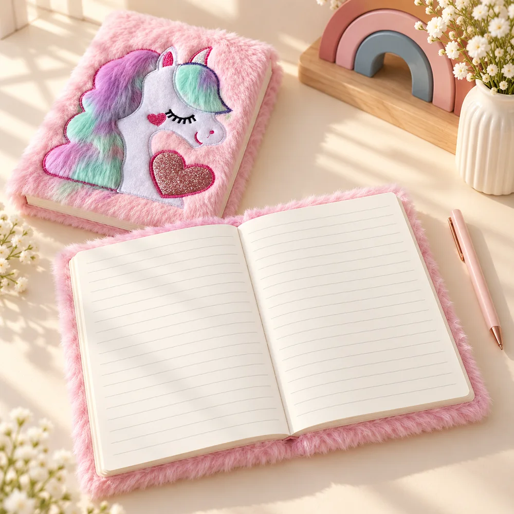 The notebook open flat, showing plain lined pages inside the furry cover