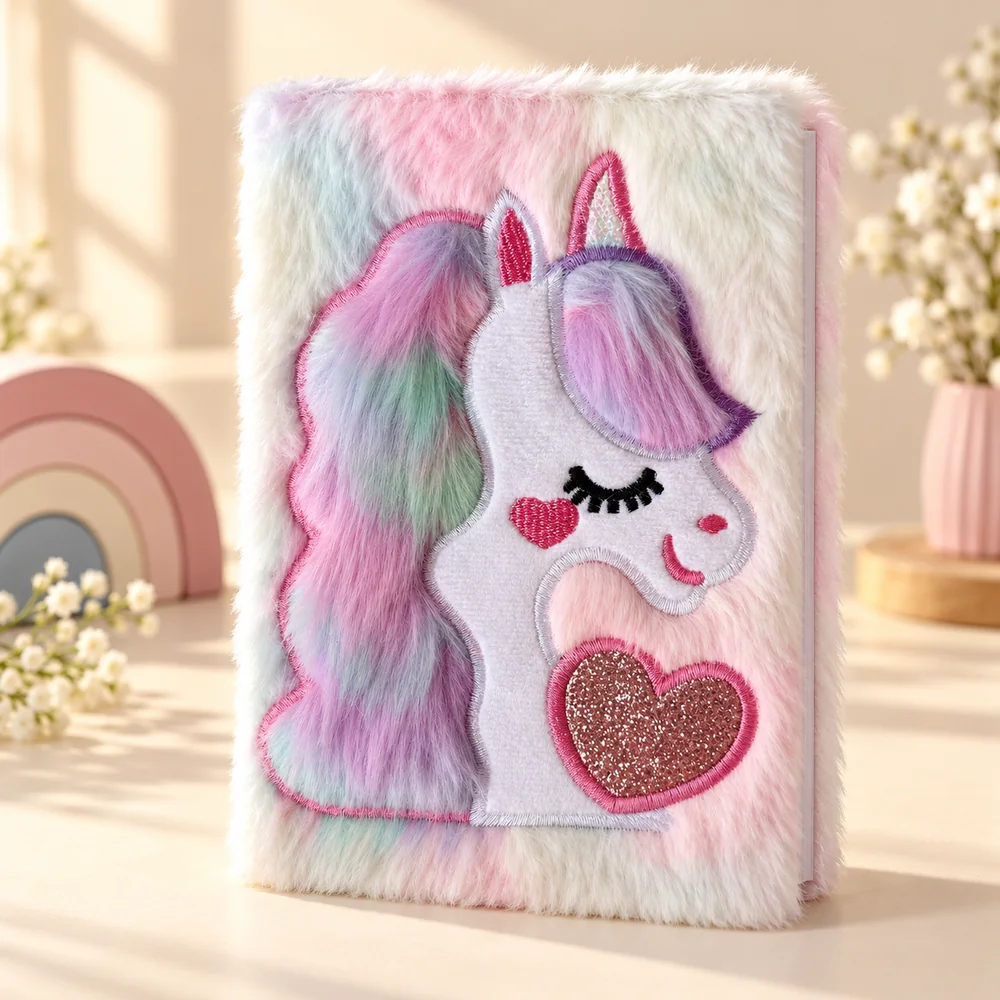 The rainbow notebook standing upright — pastel faux fur with a white unicorn appliqué, fluffy mane, sequin horn and a glitter heart