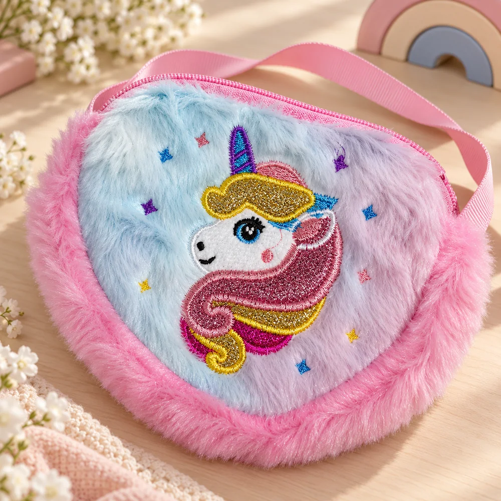 Close up of the glitter-embroidered unicorn — gold forelock, pink mane, blue striped horn and small stitched stars